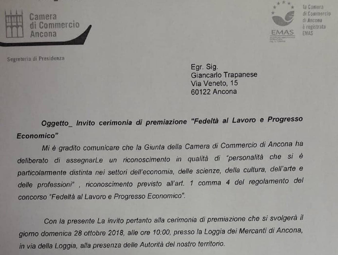 Premio a Giancarlo Trapanese 2018 Fedeltà al lavoro e progresso economico