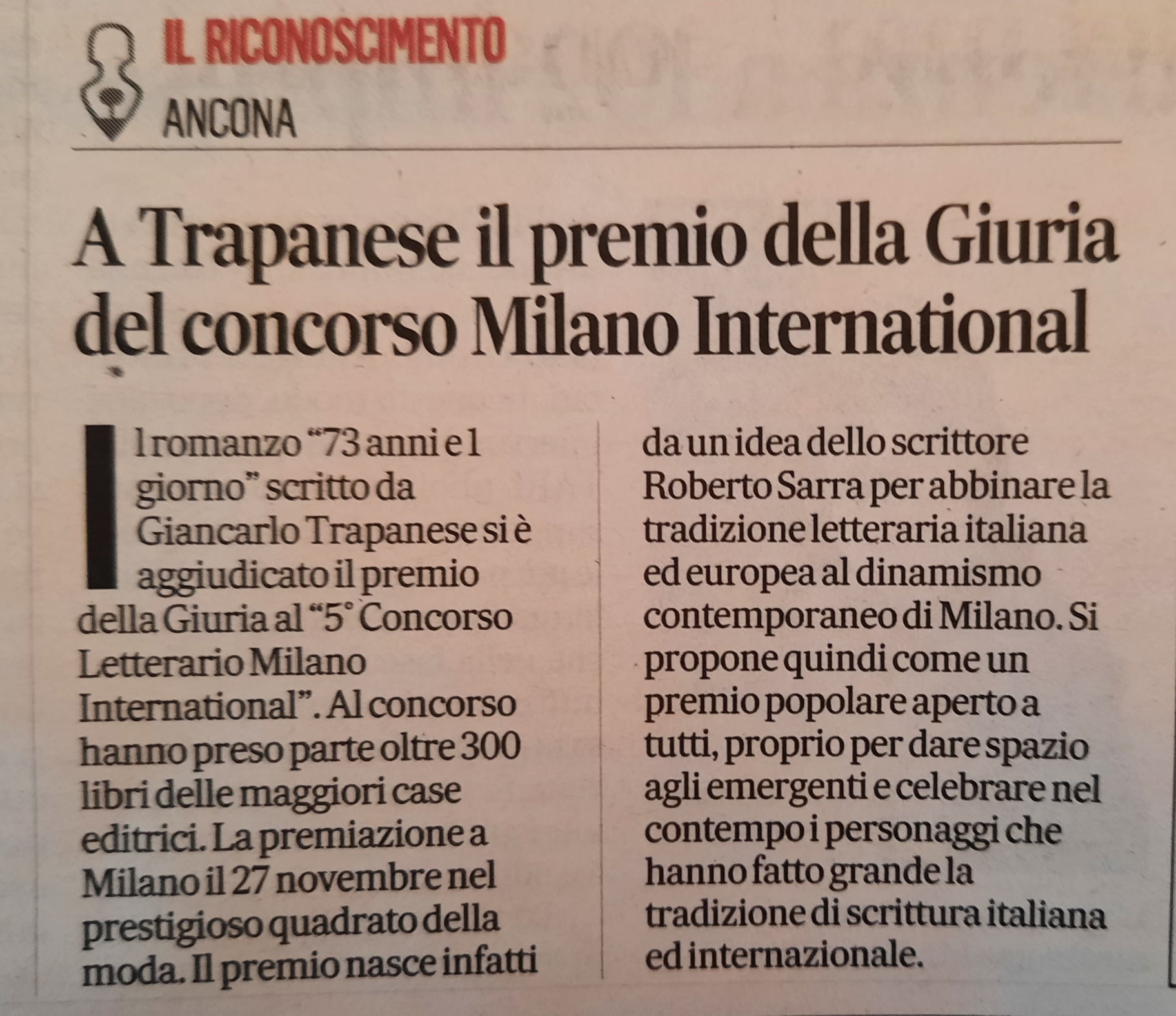 Corriere Adriatico - Premio a Giancarlo Trapanese - Milano International
