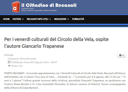 Circolo la Vela Porto Recanati: nuovo romanzo di Giancarlo Trapanese: 73 anni e 1 giorno