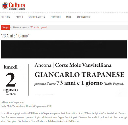 Comune di Ancona: presentazione nuovo romanzo di Giancarlo Trapanese: 73 anni e 1 giorno
