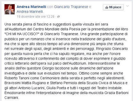 Recensione su Facebook - Andrea Marinelli - presentazione del libro 